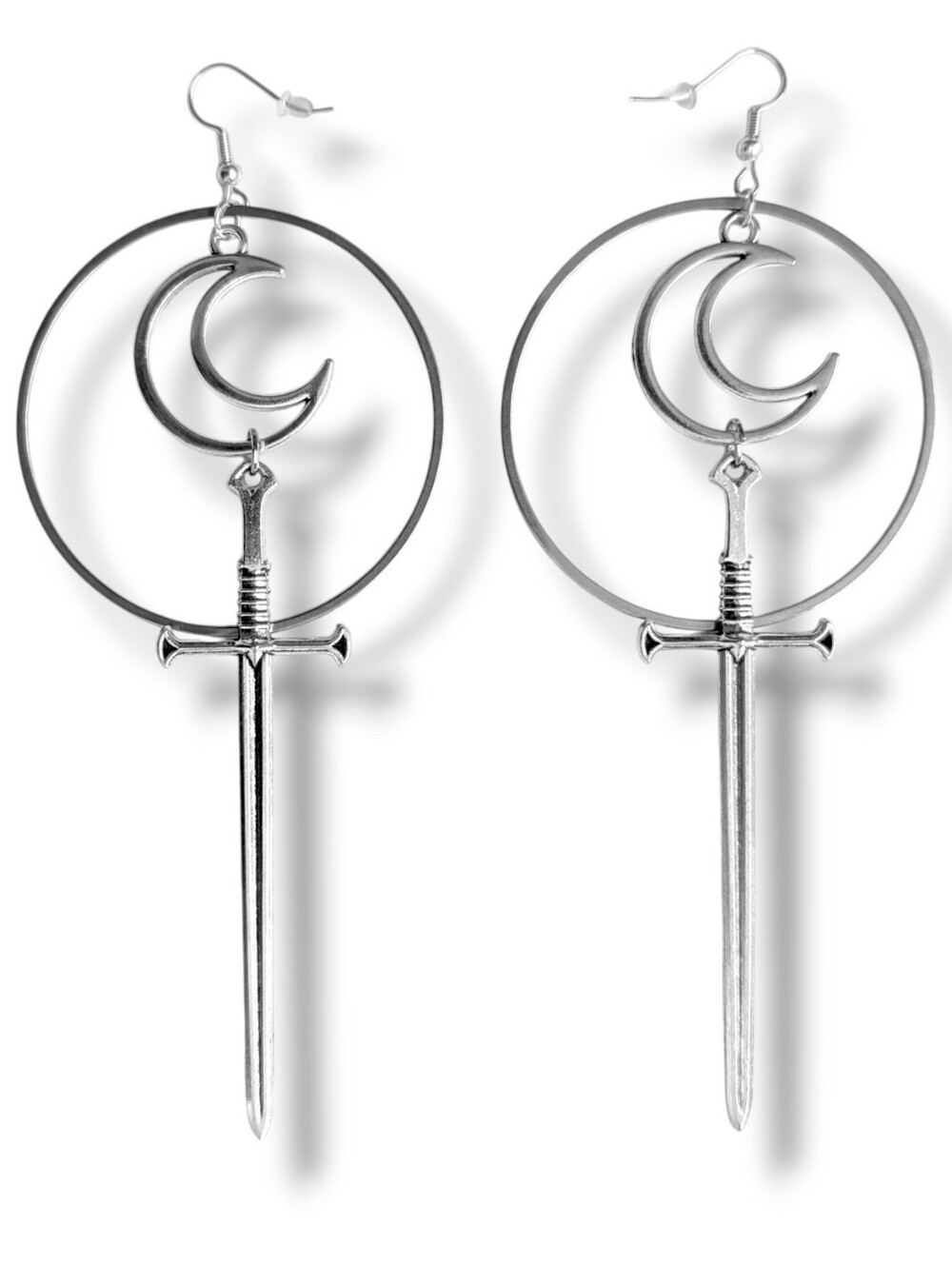 NWT Handmade Long Silver Sword Crescent Moon And Hoop Dangly Earrings